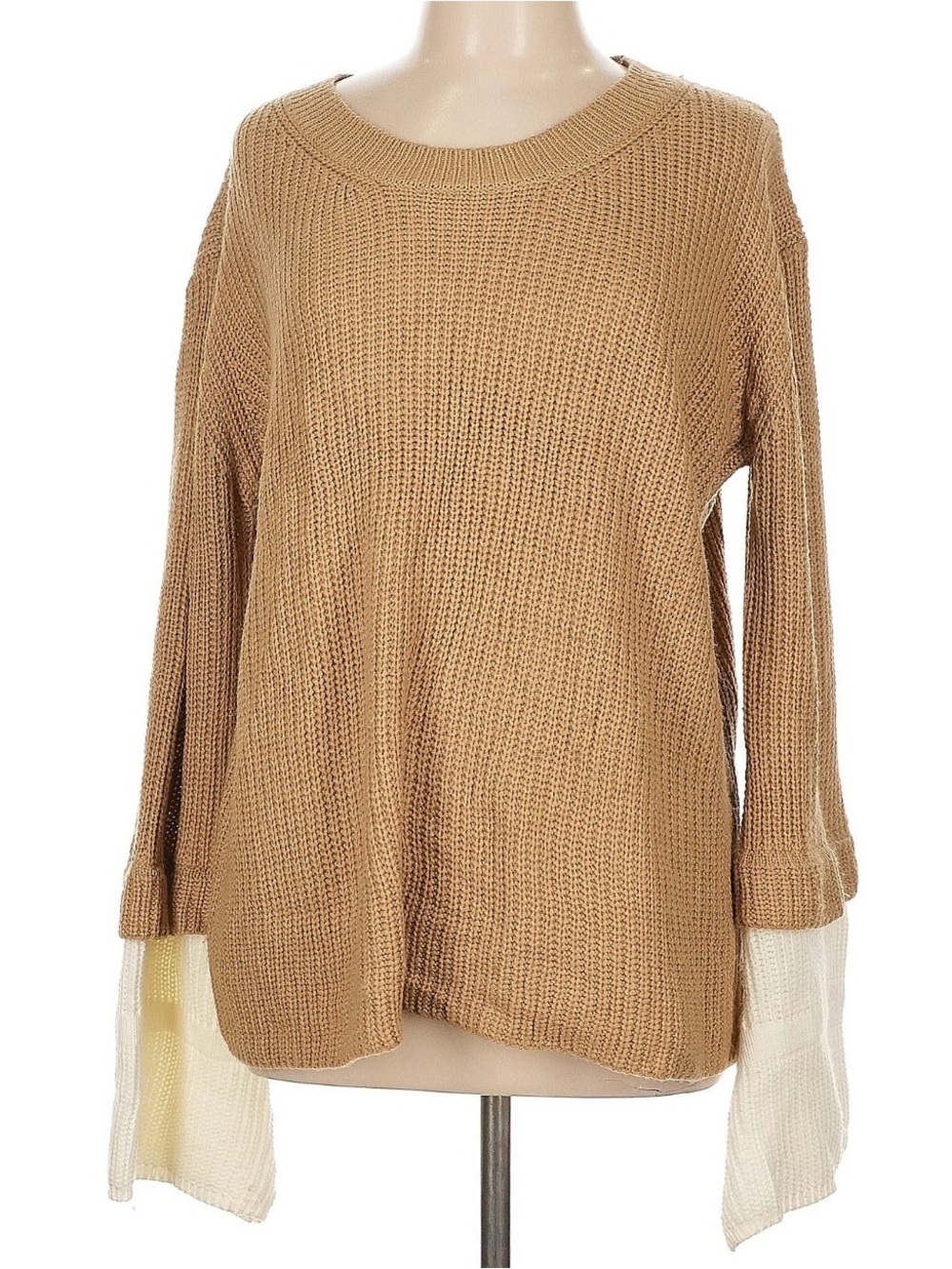 DAVI & DANI Tan Knit Crew Sweater with Cream Bell Cuffs